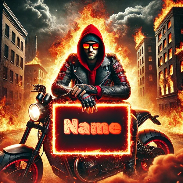 Customize Your Name on a Fiery Motorcycle Scene Image