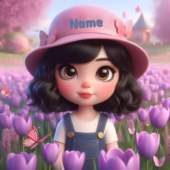 Enchanting Customizable Image with Sweet Cartoon Girl and Tulips