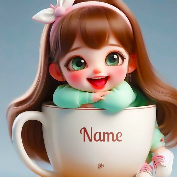 Customize with a Cute Green-Eyed Doll in a Teacup Template