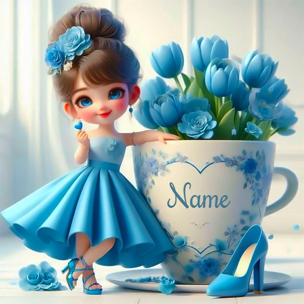 Blue Customizable Image Template with Doll and Flowers