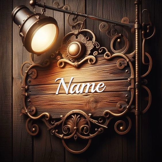 Ornate Wooden Sign with Golden-Bronze Metalwork and Warm Glow