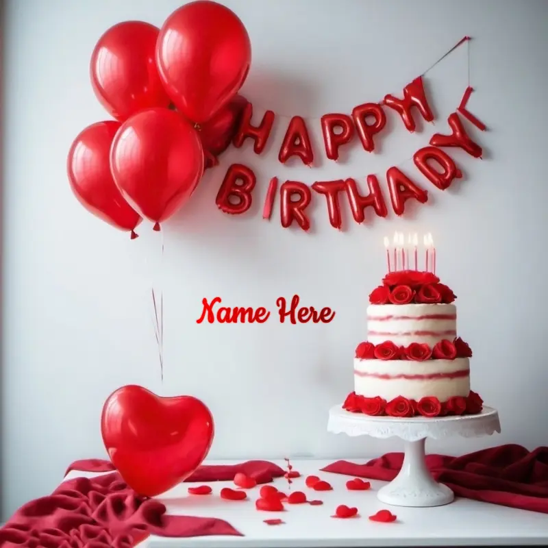Personalize a Cake Image with Red Roses and Balloons