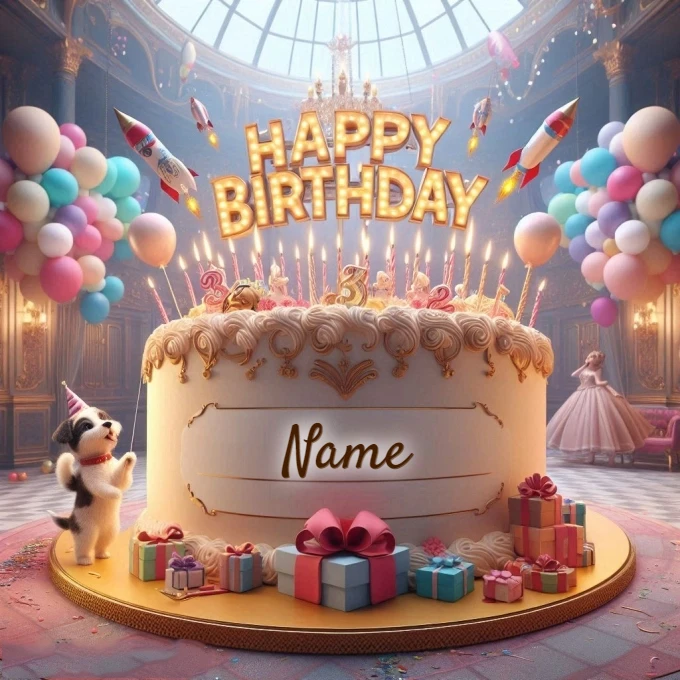 Personalize a Birthday Cake Image with Your Name in a Grand Hall