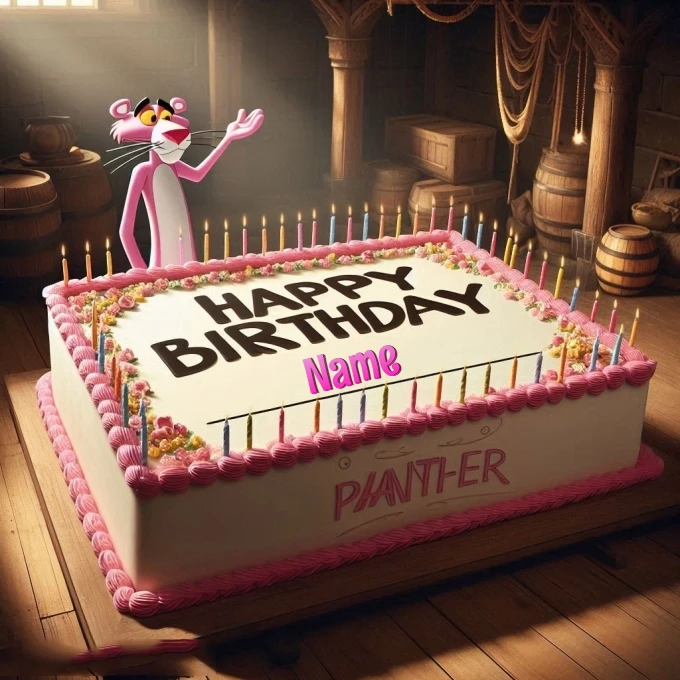 Personalize a Cheerful Pink Panther Birthday Cake Image