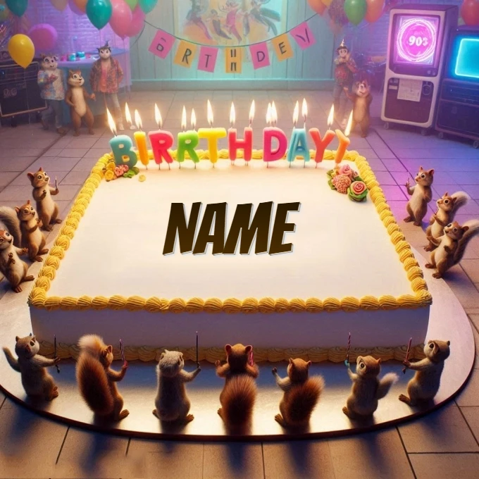 Customize Your Animated Birthday Image with Squirrels and Cake