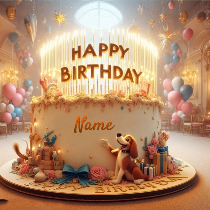Personalize Birthday Card with Cake and Comical Furry Friend