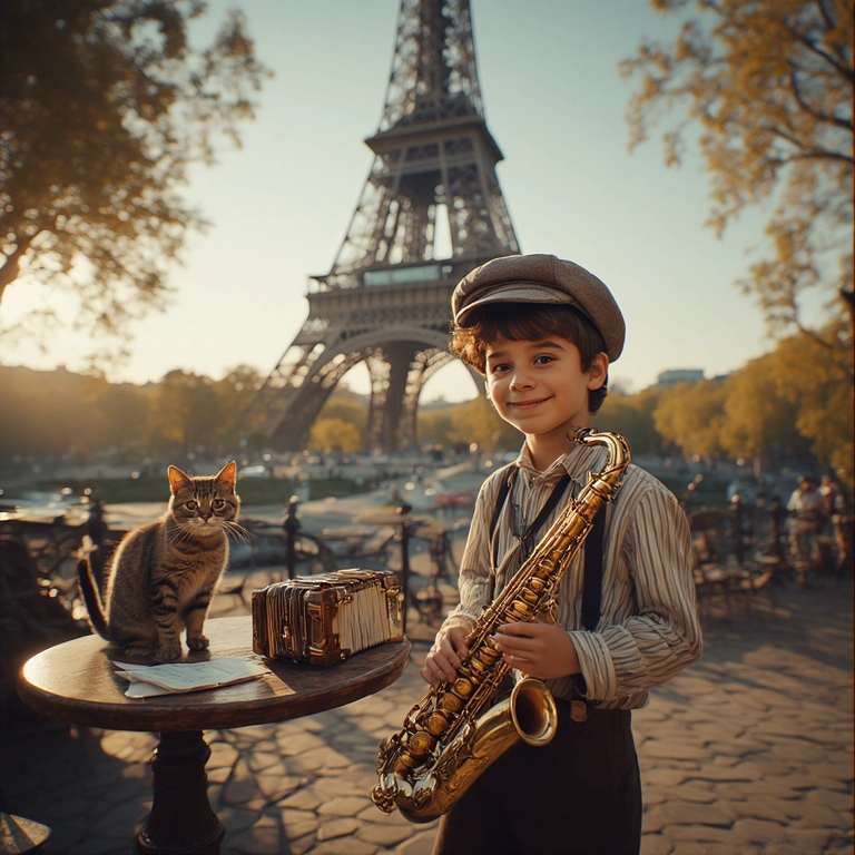 Transform to Vintage Paris with a Saxophone and Cat