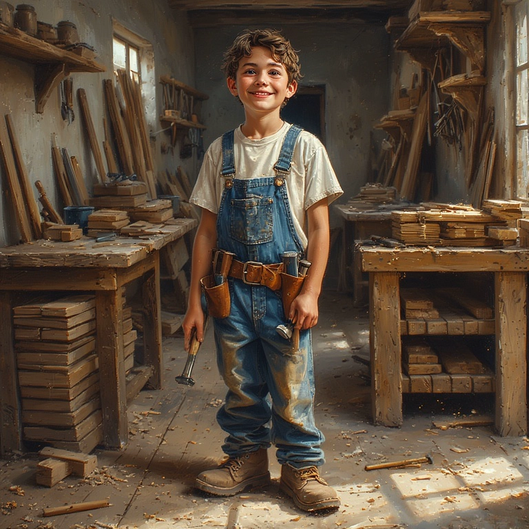 Imagine Yourself as a Young Builder in a Rustic Workshop