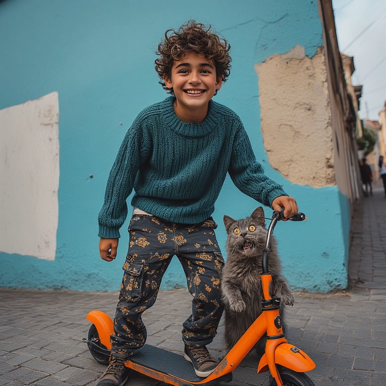 Transform Your Face into a Playful Scene with a Boy and Cat