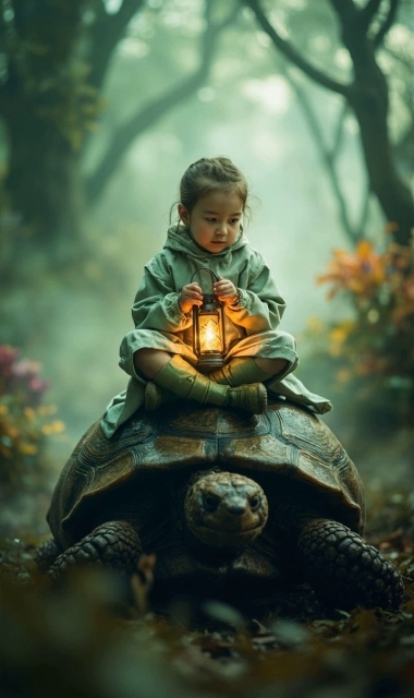 Enchanting Journey Aboard a Giant Turtle in a Mystical Forest