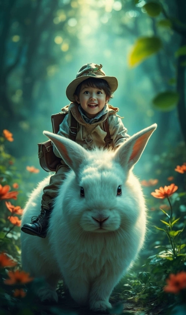 Child Rides a Giant White Rabbit in Dreamland Forest