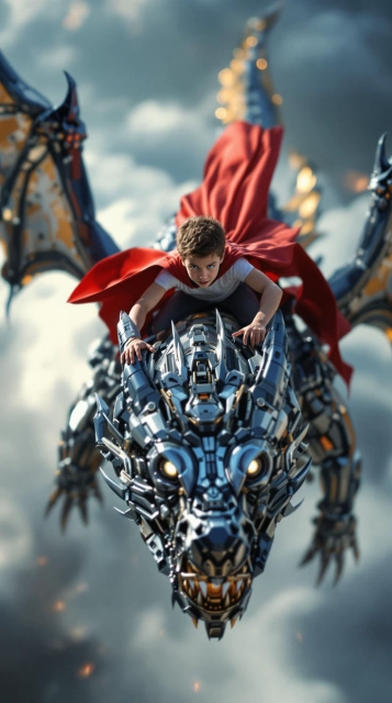 Child in Red Cape Soars on Robotic Dragon Adventure