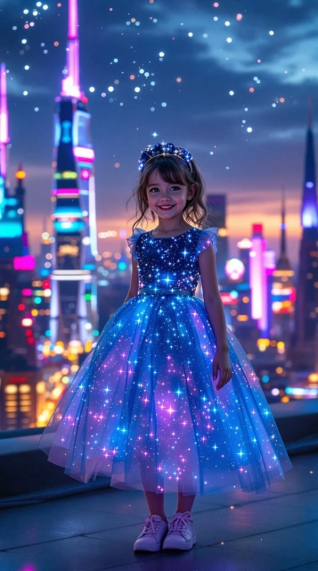 Shine in a Futuristic City with a Sparkling Blue Dress