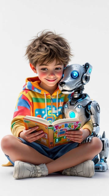 Child Reading with Robot Companion Face-Swap Adventure