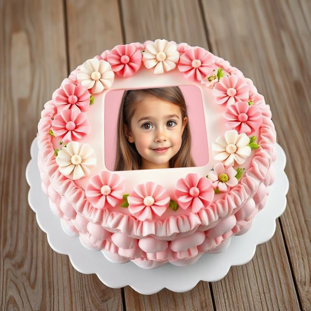 Insert Your Photo into a Pink Cake Frame with Floral Design