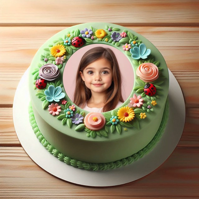 Add Your Photo into a Whimsical Cake Frame with Flowers and Ladybugs