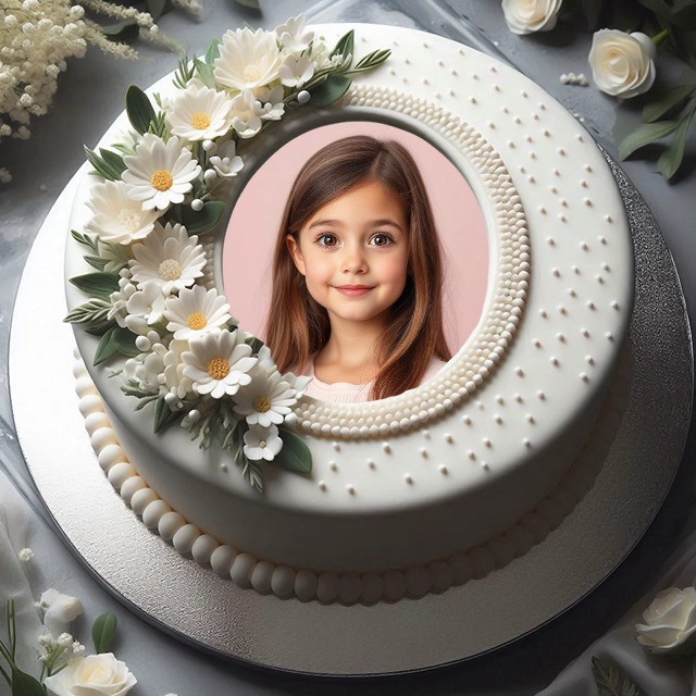 Elegant Photo Frame with Pearl Cake and Daisy Flowers Design