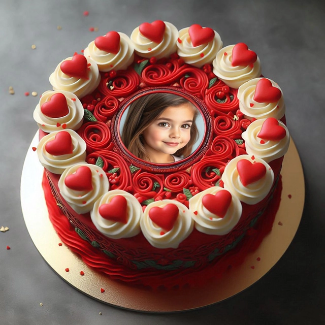 Add Your Photo to a Romantic Red Cake Frame with Heartfelt Details