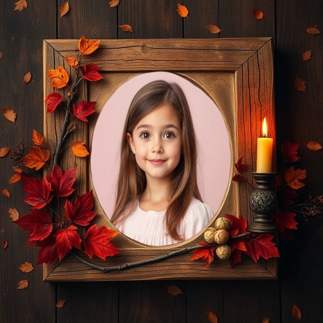 Insert Your Photo into a Rustic Autumn Leaf Frame with Candle