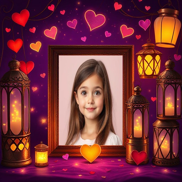 Personalize Photos with Purple Hearts and Lanterns Frame