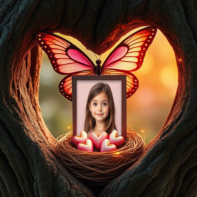 Insert Your Photo in a Heart Tree Hollow Frame with Nest