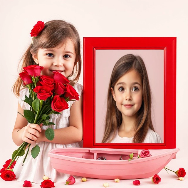 Personalize Photos with a Red Frame Featuring Roses and Girl