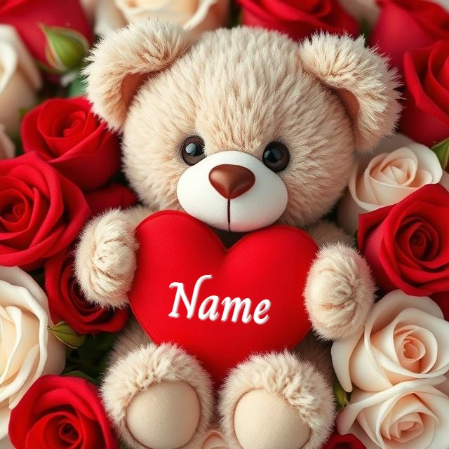 Write Your Name on a Teddy Bear Image with Roses for Love