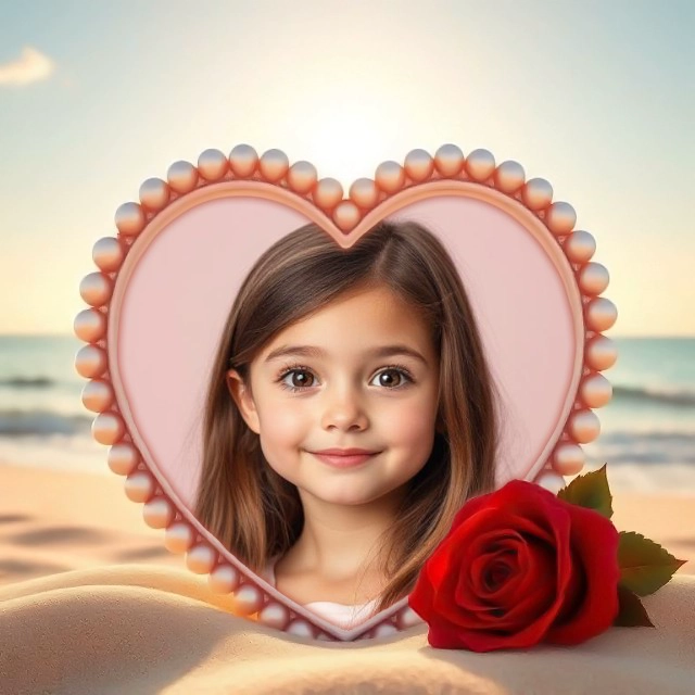 Insert Your Photo in a Pearl Heart Frame on a Sunny Beach