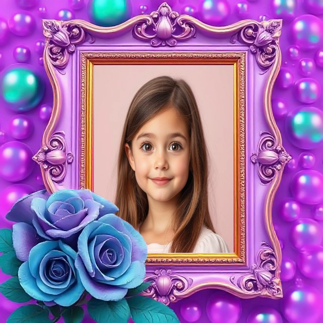 Transform Photos with a Vibrant Purple Frame and Blue Roses