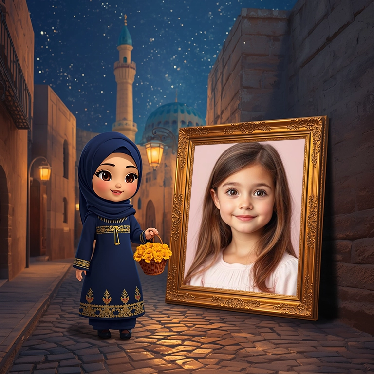 Personalize Photos with a Charming Cartoon Hijab Girl Frame