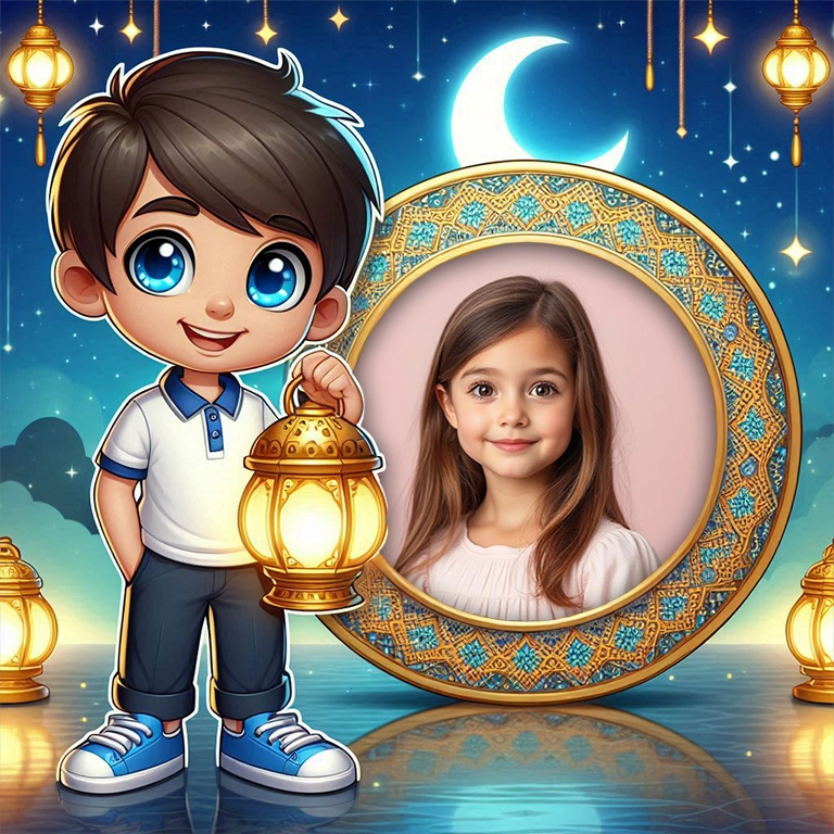 Adorable Cartoon Boy Frame with Lantern and Starry Sky
