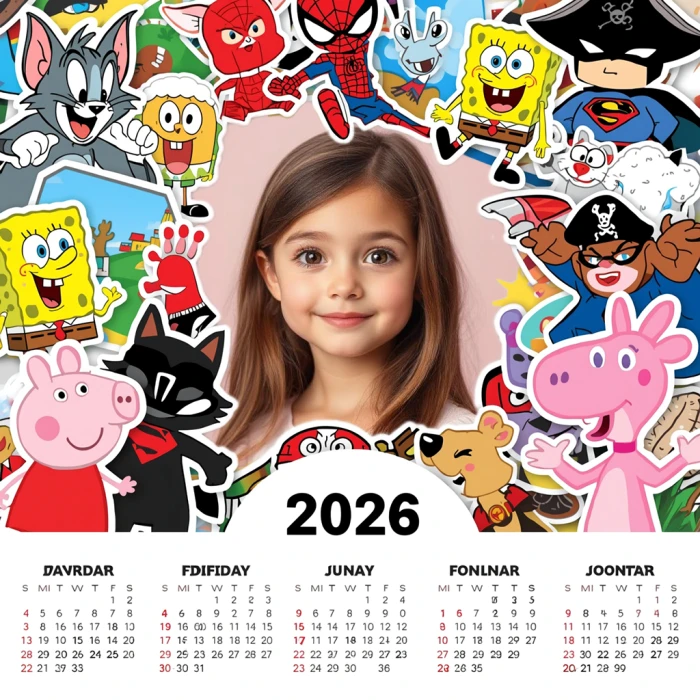 Personalize Photos with Cartoon Characters and 2026 Calendar Frame